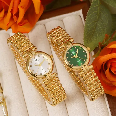 Women Elegant Quartz Watch IP Plated Alloy Round Dial Rhinestone Markers Metal Bead Chain Strap Jewelry Buckle