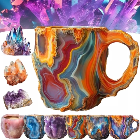 Mineral Crystal Coffee Mug Synthetic Resin Stainless Steel Liner 3D Agate Pattern Tea Cup Geode Style Handmade Drinkware