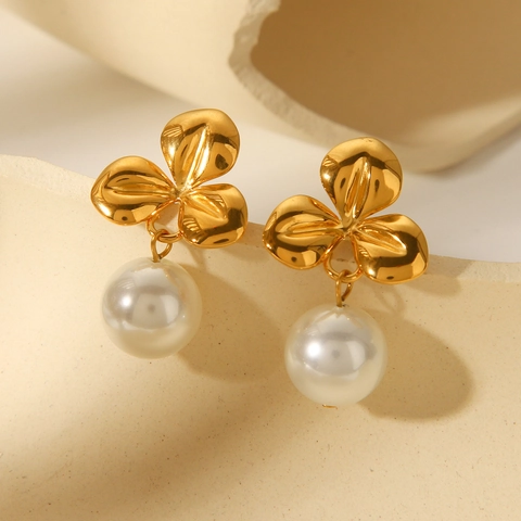 Orecchini Vintage A Fiore E Perla Artificial In Acciaio Inossidabile Placcato Oro 18K Gioielli Floreali Eleganti Per Donne