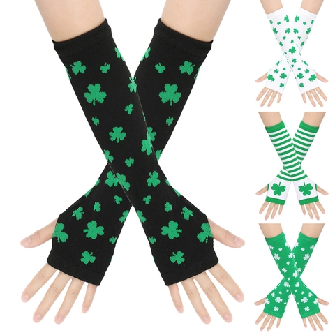 Scaldamuscoli con Motivo a Trifoglio di San Patrizio Guanti Lunghi in Maglia Senza Dita per Festa in Maschera di Carnevale