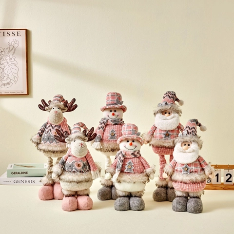 Weihnachtsfigur Weihnachtsmann Schneemann Rentier Teleskopbeine Gestrickter Plüsch Hausdeko Festliches Ornament Rosa Grau