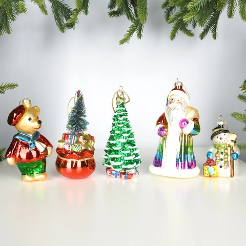 Christmas Tree Hanging Ornaments Glass Painted Santa Claus Snowman Gnome Bear Figurines Sparkling Holiday Decor