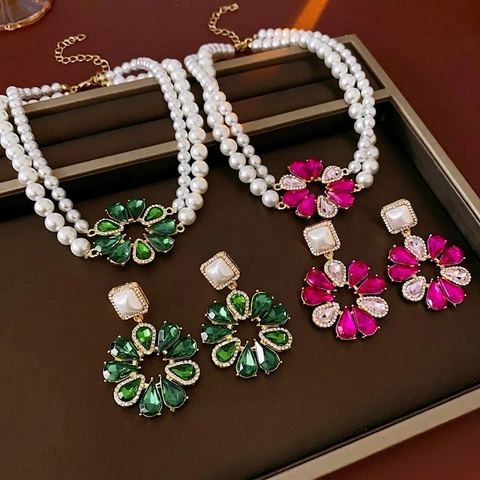 Flower Crystal Pendant Layered Artificial Pearl Necklace And Earrings Jewelry With Silver Earring Post Vintage Elegant