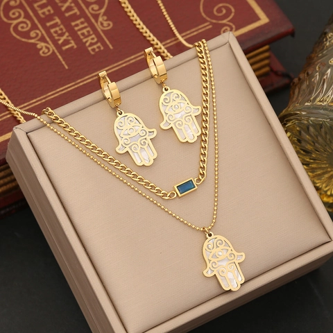 Collana Multistrato Mano Di Fatima Hamsa Acciaio Inossidabile Placcato Oro Pietra Blu Madreperla Gioielli Boho Donna
