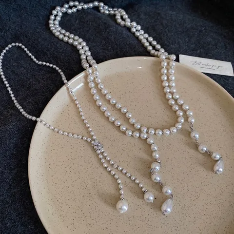 Collier Künstliche Perles Vintage Français Lariat Longue Chaîne De Pull Avec Pendentif Goutte D'eau Pour Femmes Bijoux Élégants En Verre Et Zircon