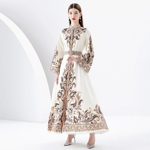 Vestito Maxi Stampa Paisley Vintage Collo Alto Maniche A Campana Lunghe Con Cintura Elegante Stile Corte Donna