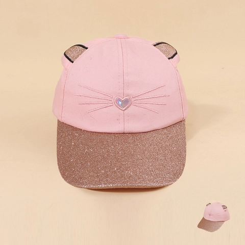 Kinder Niedlich Rosa Katzenohr Baseballkappe Mit Glitzer Pailletten Krempe Herz Stickerei Sonnenschutz Mode Hut Für Mädchen