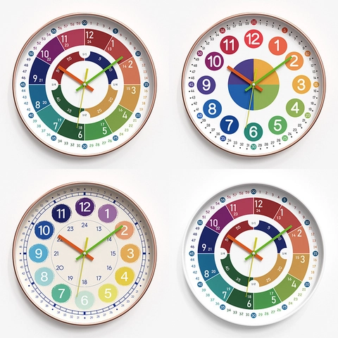 Kids Educational Wall Clock Silent Learning Time Colorful Quartz Analog For Bedroom Classroom Playroom Home Decor