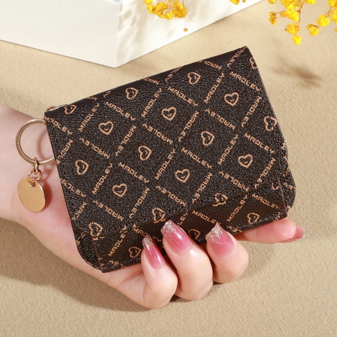 Damen Kleines Trifold Portemonnaie PU Leder Monogramm Herz Druck Kartenhalter Mit Schlüsselanhänger Mode Retro Geldbeutel