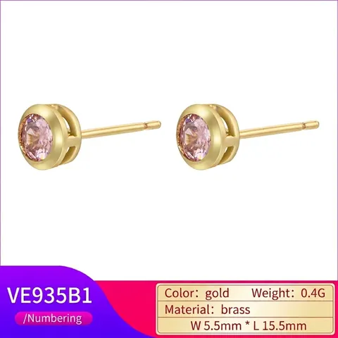 Round Stud Earrings Brass 18K Gold Plated Colorful Cubic Zirconia Bezel Set Minimalist Jewelry For Women