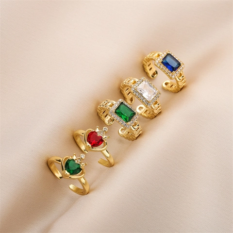 Luxury Gold Plated Copper Adjustable Ring Colorful Heart Rectangle Zircon Crown Geometric Fashion Jewelry Gift Women