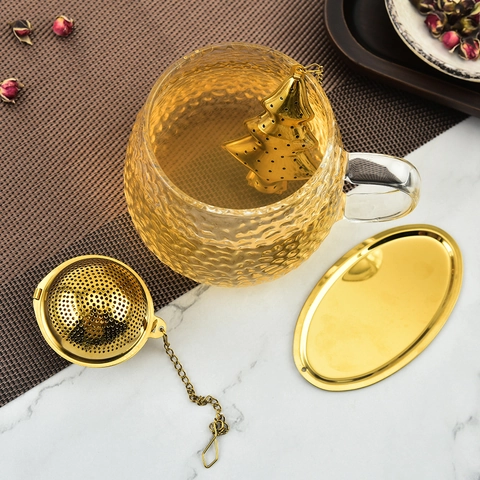 Infusor De Té Acero Inoxidable 304 Dorado Con Cadena De Suspensión Y Bandeja De Goteo Para Té De Hoja Suelta