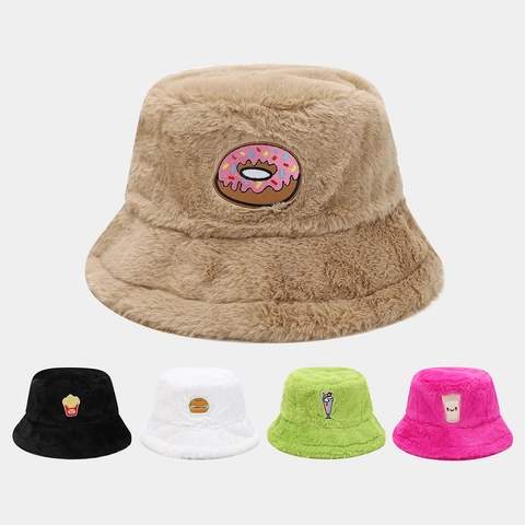 Cappello Alla Pescatora In Finta Pelliccia Peluche Caldo Inverno Unisex Toppa Cartone Animato Cibo Bevanda