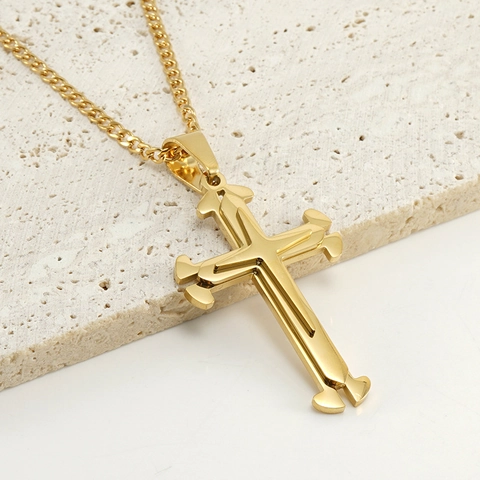 Men Cross Pendant Necklace Stainless Steel 18K Gold Plated Layered Hip Hop Fashion Jewelry Streetwear Style