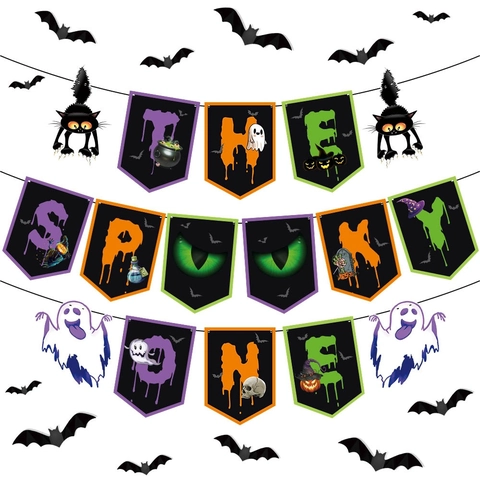 Halloween Banner Und 3D Fledermaus Wandaufkleber Papier PVC Gruseliges Thema Party Dekoration Girlande