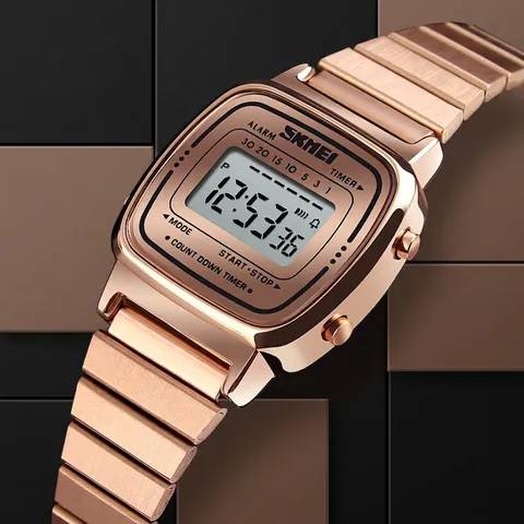 SKMEI Women Digital Watch Retro Square Stainless Steel Band Zinc Alloy Case Waterproof Alarm Timer Fashion Ladies Wristwatch