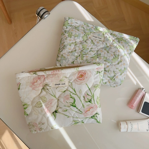 Trousse De Maquillage En Coton Matelassé À Fleurs Pochette Organisateur Cosmétique Douce Fraîche Pour Femmes