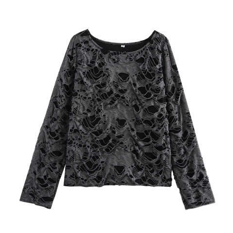 Women Long Sleeve Top Distressed Ripped Round Neck Loose Knit Shirt Japanese Shibuya Style Punk Streetwear Grey