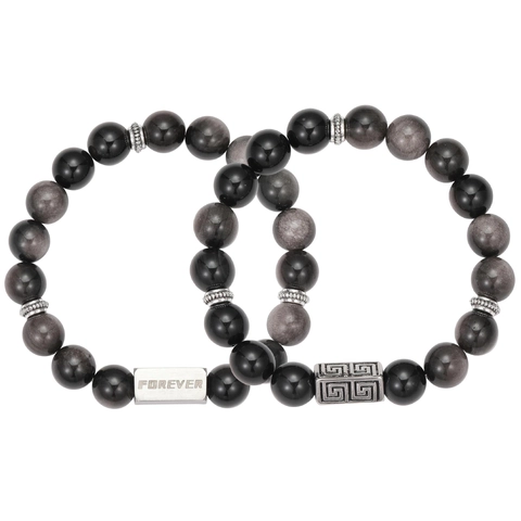 Natürliches Obsidian Perlenarmband Für Damen Herren Titanstahl Forever Buchstaben Charm Pärchen Armband Vintage Steinschmuck