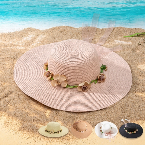 Cappello Di Paglia A Tesa Larga Da Donna Con Ghirlanda Di Fiori E Fiocco In Organza Protezione Solare Spiaggia Estate