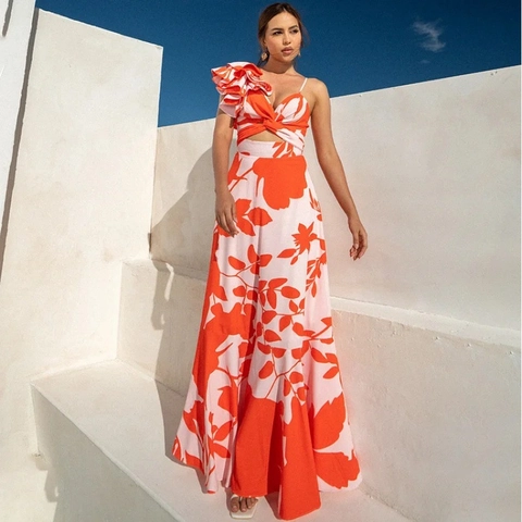 One Shoulder Ruffle One Piece Swimsuit And Long Skirt Floral Leaf Print Resort Beachwear For Women Polyester Spandex