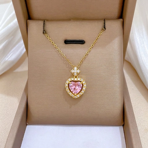 Heart Pendant Necklace Titanium Steel Chain Copper Pink Zircon Micro Pave Sparkling Rhinestones Elegant Light Luxury
