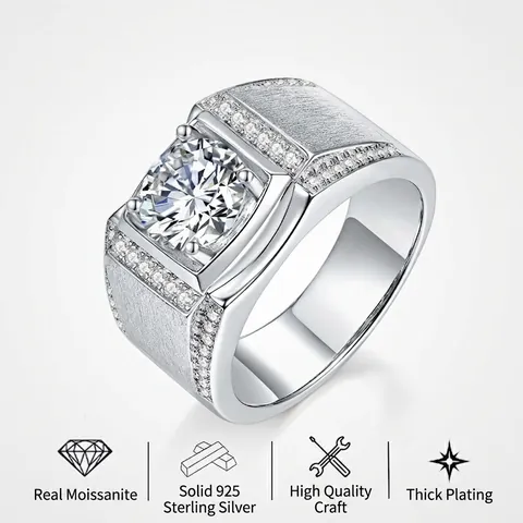 Men's Signet Ring 925 Sterling Silver Moissanite Round Brilliant Cut White Gold Plated Brushed Pave Zircon Jewelry