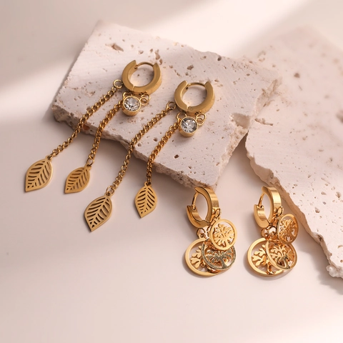 Blatt Anhänger Ohrringe Vergoldeter Titanstahl Lebensbaum Design Eleganter Modeschmuck Für Damen