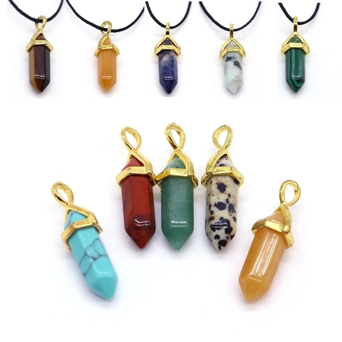 Hexagonal Pillar Crystal Pendant Necklace Natural Gemstone Point Bullet Shape Golden Cap Fashion Jewelry For Women
