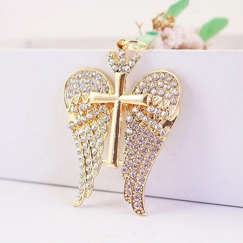 Sparkling Angel Wings Cross Keychain Gold Plated Zinc Alloy Rhinestone Crown Decorative Bag Charm Gift For Women