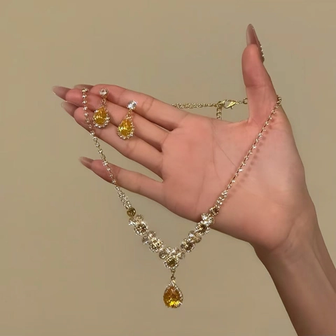 Necklace And Earrings Copper Zircon Yellow Pear Tear Drop Women Elegant Palace Style Wedding Party Jewelry