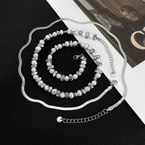 Collana a Doppio Strato in Acciaio Inossidabile Vintage per Donna Moda Perla Artificiale Ematite Catena a Serpente Gioielli Regalo