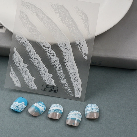 5D Embossed Nail Art Stickers Spindrift Wave White Textured Waterproof Minimalist Manicure Decoration Decals For Women