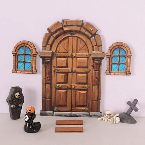 Miniatur Halloween Szenenzubehör Harz Holz Tür Fenster Sarg Skelett Grabstein DIY Feengarten Gotik Retro