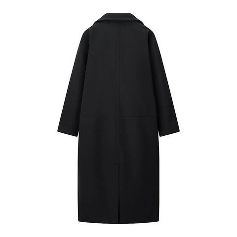 Women Woolen Coat Lapel Neck Long Sleeve Loose Fit Mid Length Solid Black Elegant Casual Outerwear
