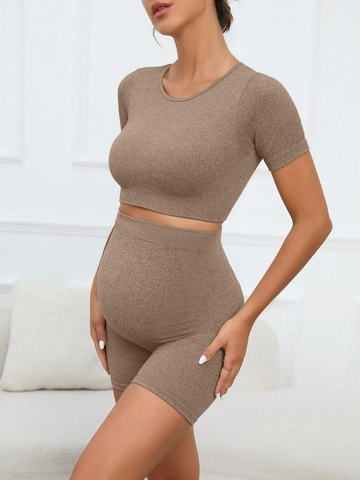 Ribbed Seamless Maternity Yoga Outfit Short Sleeve Crop Top And High Waist Shorts Tummy Support Pregnancy Activewear