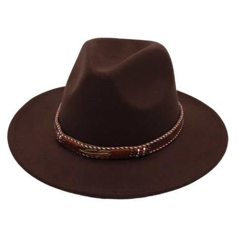 Fedora Hat Wool Felt Wide Brim Ethnic Beaded Band Metal Feather Vintage Jazz Party Unisex Classic Flat Brim Fedora