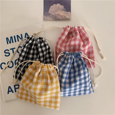 Checkered Drawstring Pouch Cotton Linen Storage Bag For Jewelry Makeup Organizer Fresh Simple Gingham Style Small Carry Case