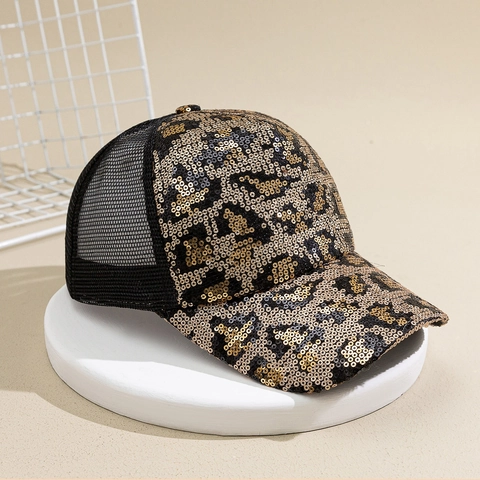Luipaard Pailletten Honkbalpet Mesh Ademend Verstelbaar Mode Retro Trucker Hoed Unisex Zonnehoed