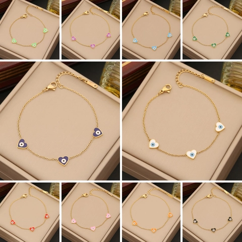 Pulsera De Corazón Mal De Ojo Acero Inoxidable Esmalte Goteo Aceite Chapado Oro Cadena Ajustable Joyería Mujer