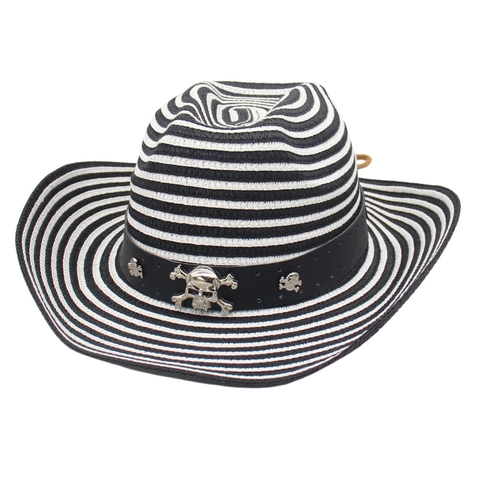 Western Cowboy Straw Hat Hand Woven Sun Protection Wide Brim Beach Holiday Punk Metal Skull With Windproof Rope Unisex
