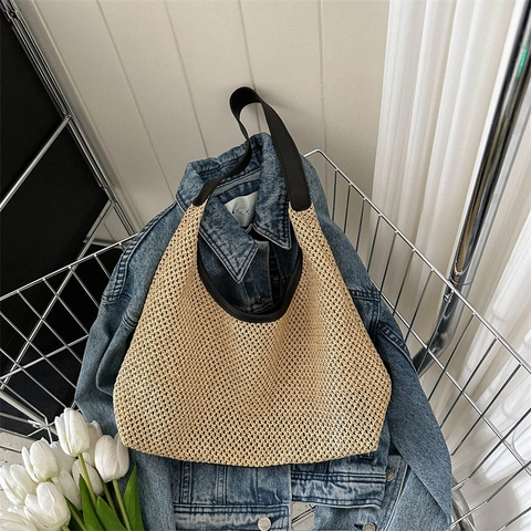 Große Gewebte Stroh-Tote-Bag Damen Hohles Netzdesign Sommer Strand Schulterhandbag Retro INS Stil Lederbesatz