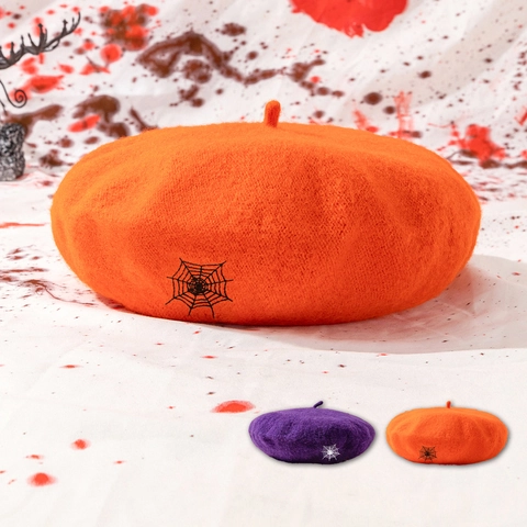 Spider Web Embroidery Beret Hat Halloween Gothic Style Acrylic Wool Felt Casual Headwear For Women