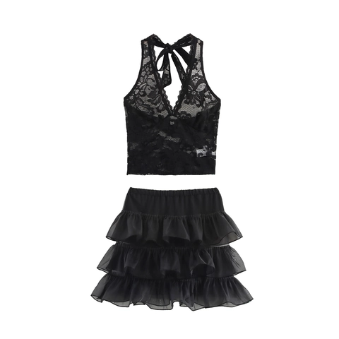 Schwarzes Spitzen Halter Top Und Gestufter Netz Rüschen Minirock Sexuelles Y2K Stil Damen Clubwear Outfit