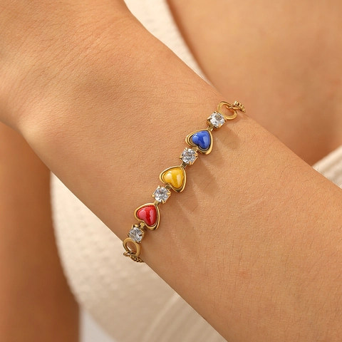 Pulsera Corazón De Acero Inoxidable Esmalte Colorido Circonita Chapado En Oro Cadena Joyería Dulce Mujer