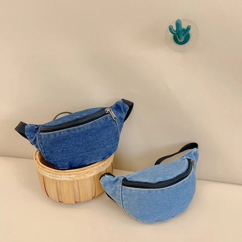 Kids Denim Waist Bag Casual Crossbody Chest Pack For Boys And Girls Adjustable Strap Solid Color Trendy