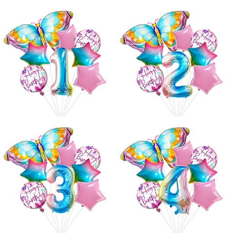 Set De Globos De Cumpleaños De Mariposa Papel De Aluminio Número Degradado Estrella Para Decoración De Fiesta Infantil