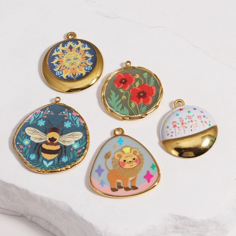 Stainless Steel Pendant Charms Colorful Enamel Drip Oil Bee Lion Flower Sun Face For DIY Jewelry Making Necklaces