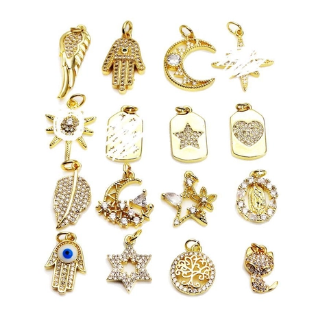 Micro Pave CZ Tiny Charms Copper Pendants For DIY Jewelry Making Necklaces Bracelets Hamsa Moon Star Wings Heart Shape