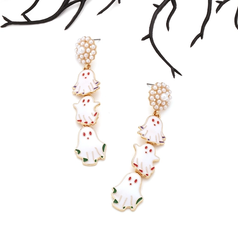 Vintage Halloween Geist Ohrhänger Legierung Lange Tropfen Mit Künstlicher Perle Weiß Tropföl Geist Schmuck Für Damen